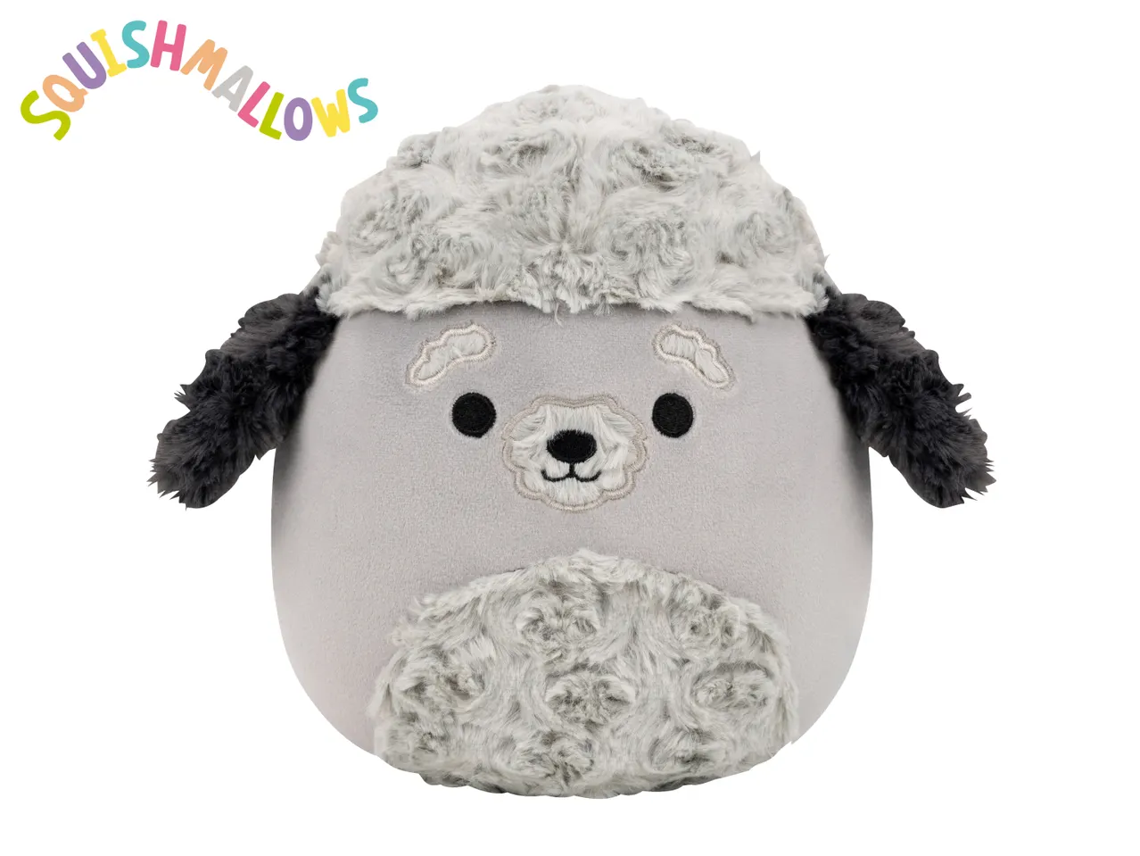Grey plush toy with fluffy ears and top, featuring embroidered facial details and colorful text.