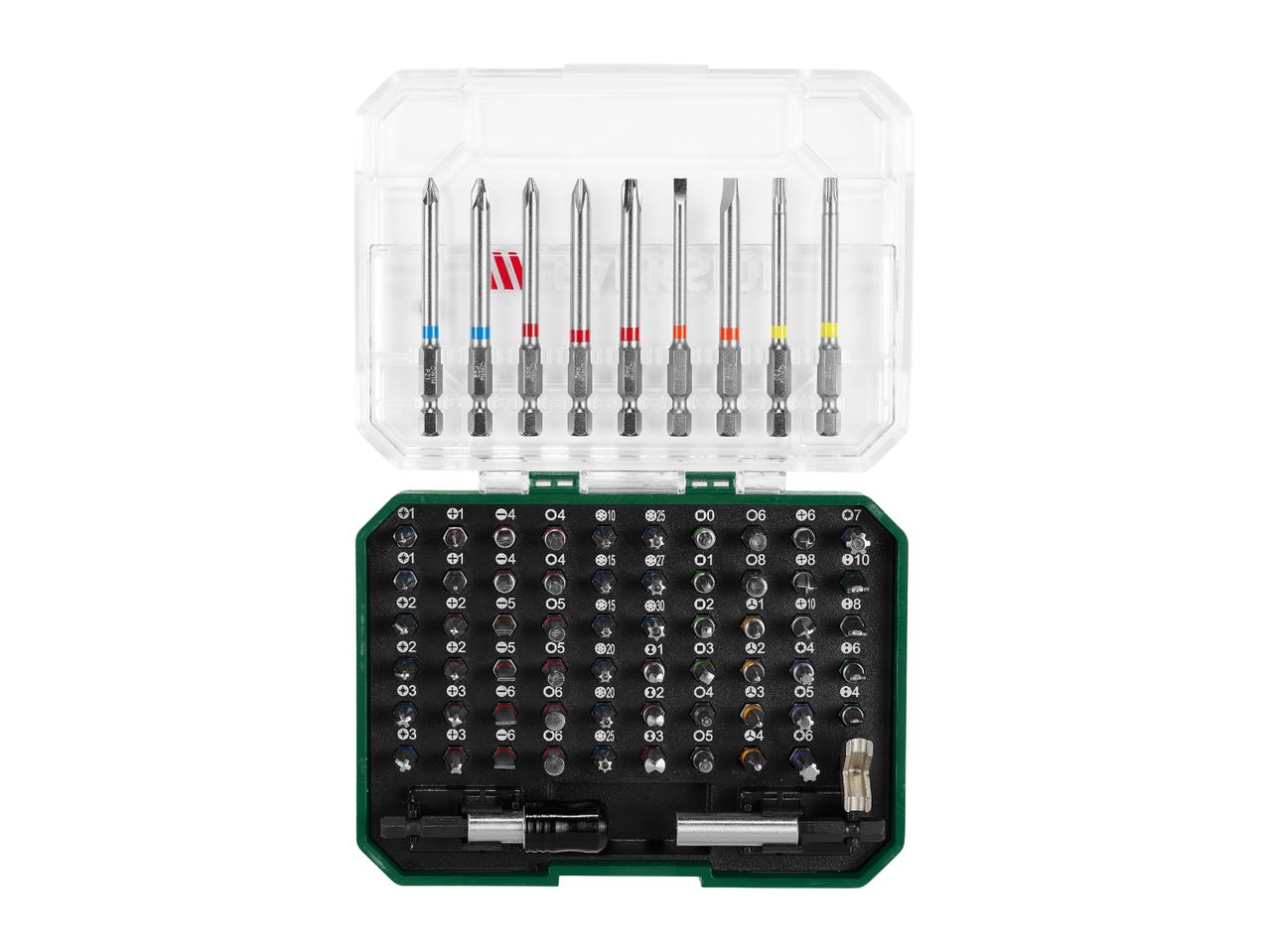 A set of screwdriver bits and accessories in a green and clear plastic case.