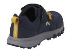 A navy blue and yellow Crivit children's shoe with a gray sole.