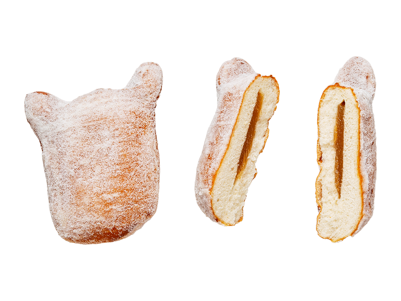 Sokeripäällysteisiä munkkeja, joista kaksi on halkaistu ja täytetty hillolla.