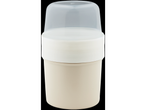 A beige plastic food container with a clear plastic lid.
