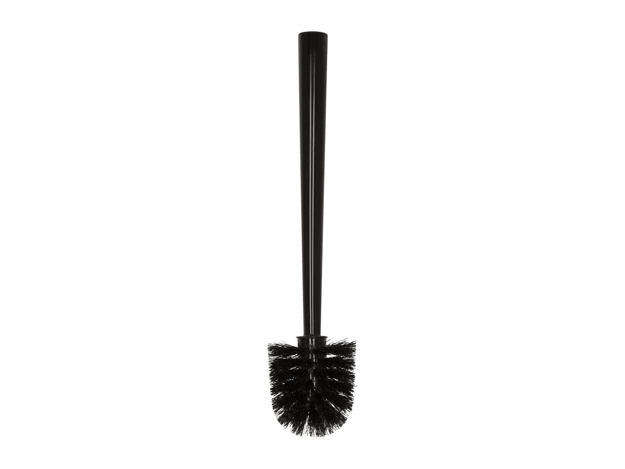 Black toilet brush with a long handle and dense bristles.