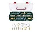A clear plastic organizer box filled with various hooks, screws, wall plugs, and picture hangers.