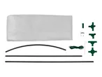 Disassembled greenhouse frame parts, cover, pegs, and connectors on a white background.