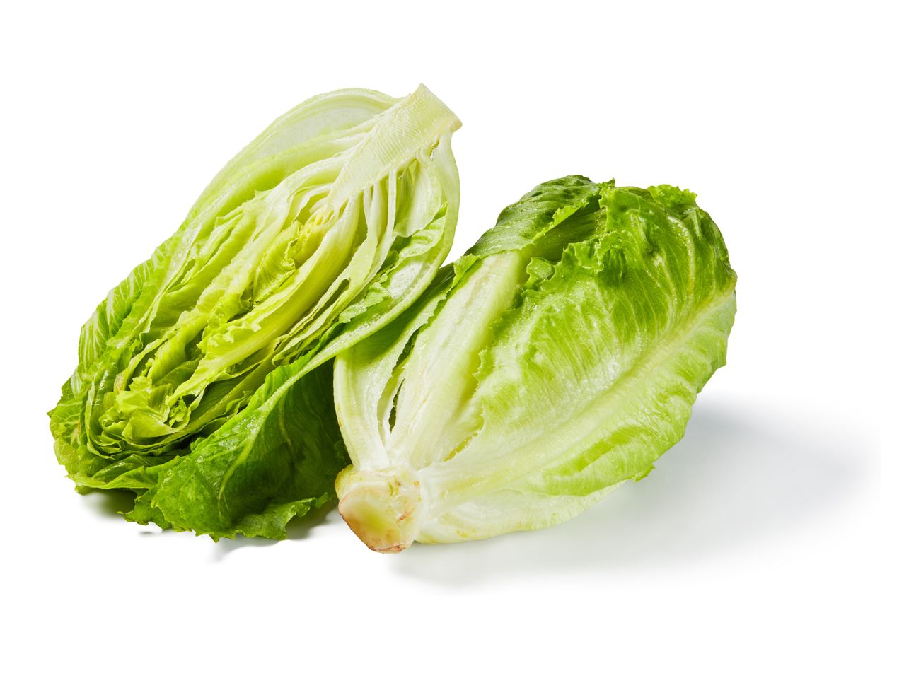 Two halves of fresh romaine lettuce, cut lengthwise, showing crisp green leaves.