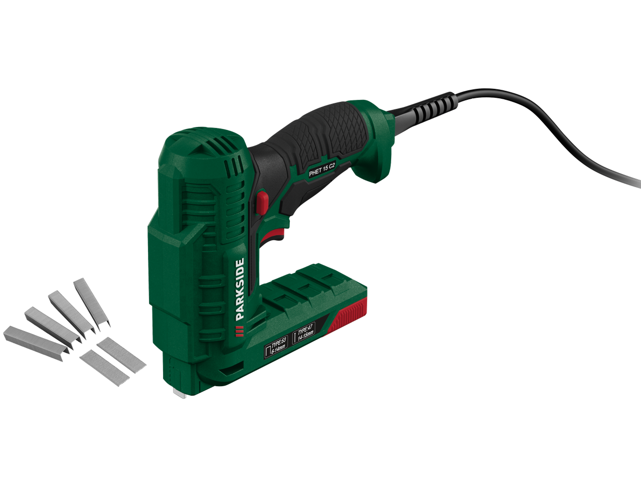 En grön Parkside elektrisk häftpistol med häftklamrar och spikar.