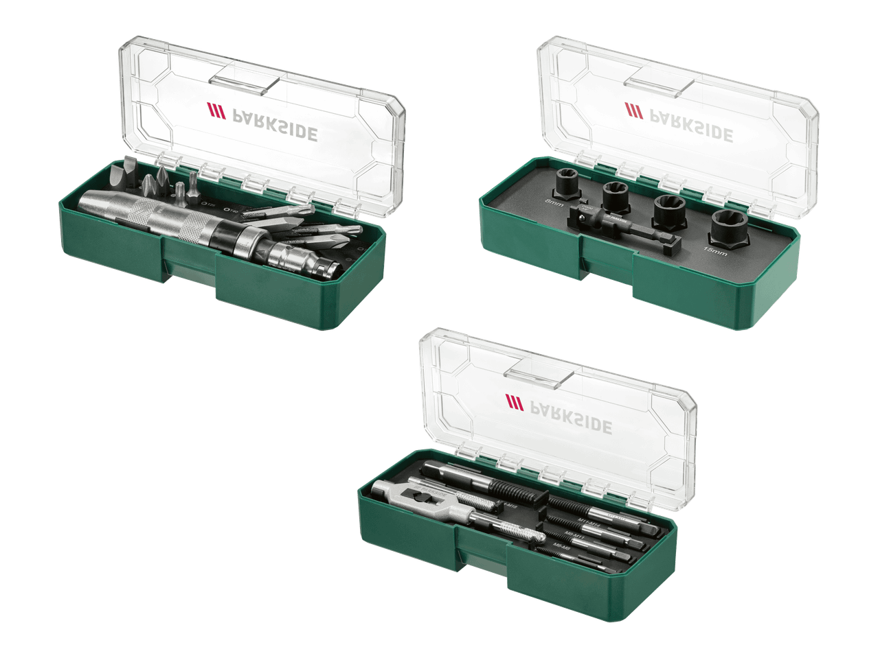 Kolme työkalusarjaa: ruuvimeisselisarja, hylsyavainsarja ja kierrepakkasarja läpinäkyvissä koteloissa.