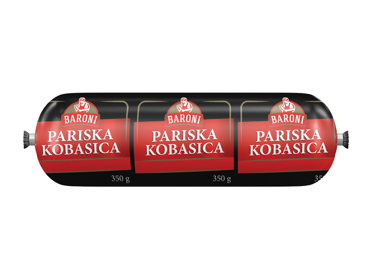 Tri pakovanja pariske kobasice, svako od 350g, sa crvenim etiketama.