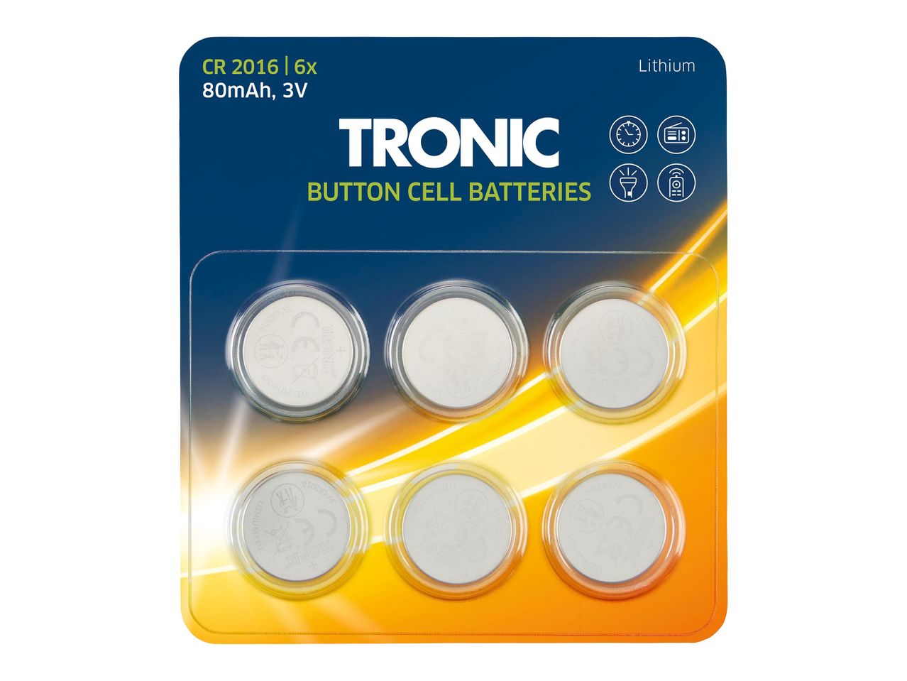 Tronic CR2016 lítium gomb elemek 6 darabos kiszerelésben.