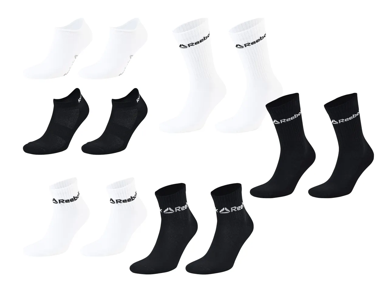 Mehrere Paare weiße und schwarze Socken in verschiedenen Längen, darunter Sneaker-, Knöchel- und Crew-Socken.