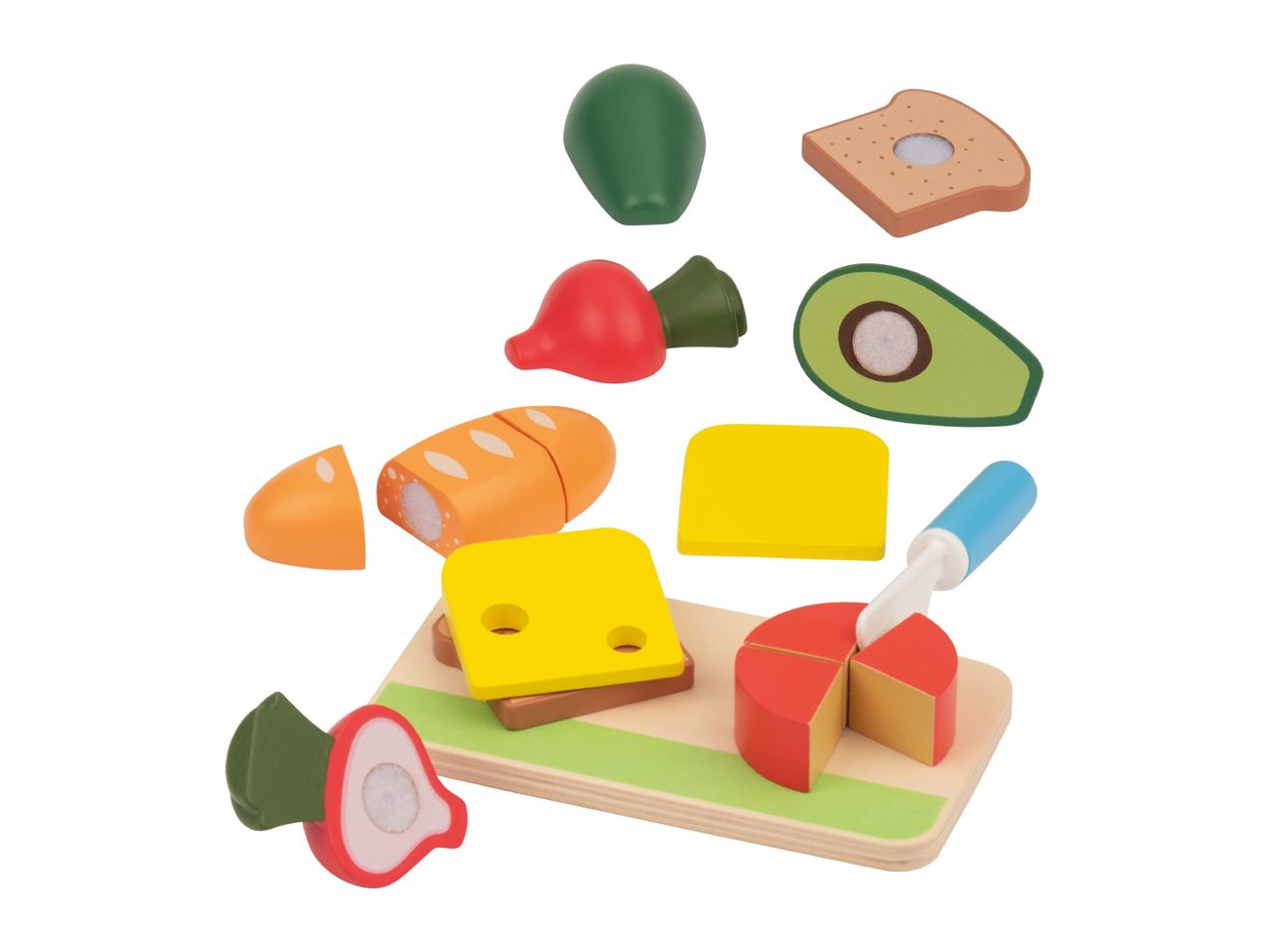 Wooden play food set with bread, cheese, avocado, and other vegetables on a cutting board.