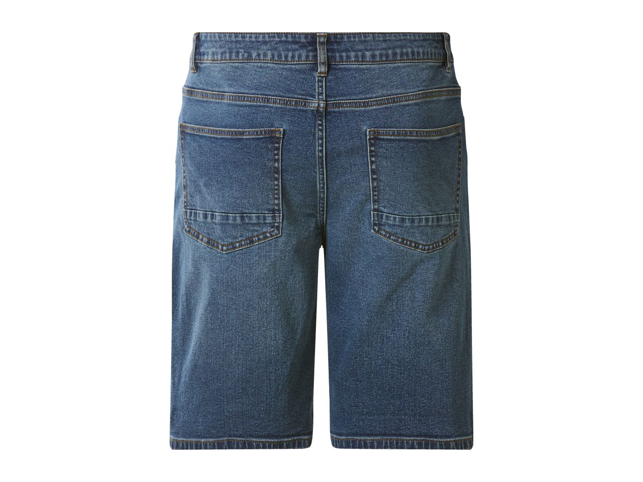 Back view of blue denim shorts with pockets and belt loops.