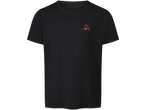Tricou negru cu mâneci scurte și un logo mic portocaliu.