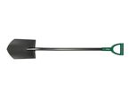 A black shovel with a green D-handle, lying horizontally on a white background.