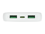 White power bank with two USB-A and one USB-C port.