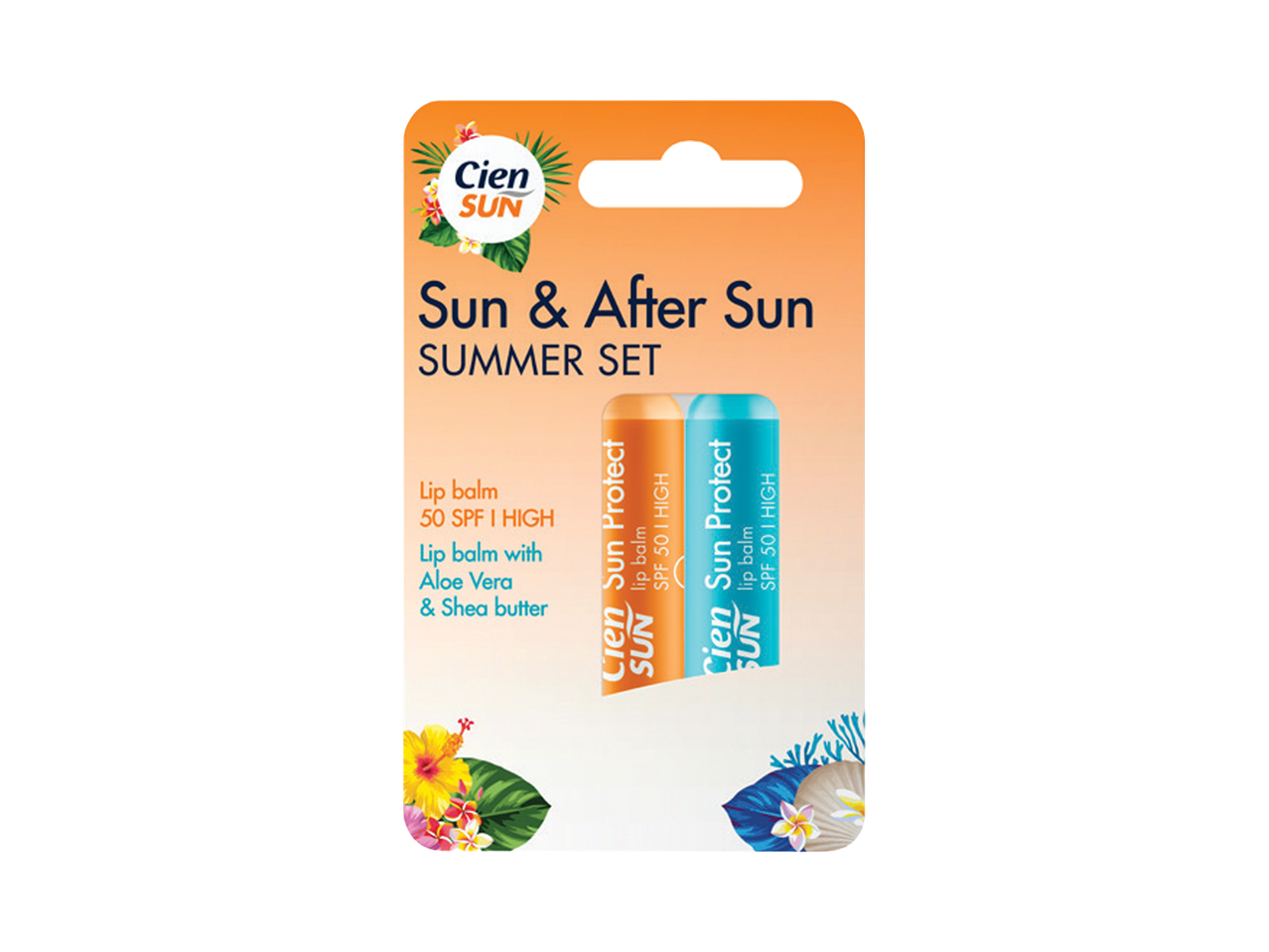 Set za sunčanje i negu posle sunčanja sa balzamima za usne SPF 50.