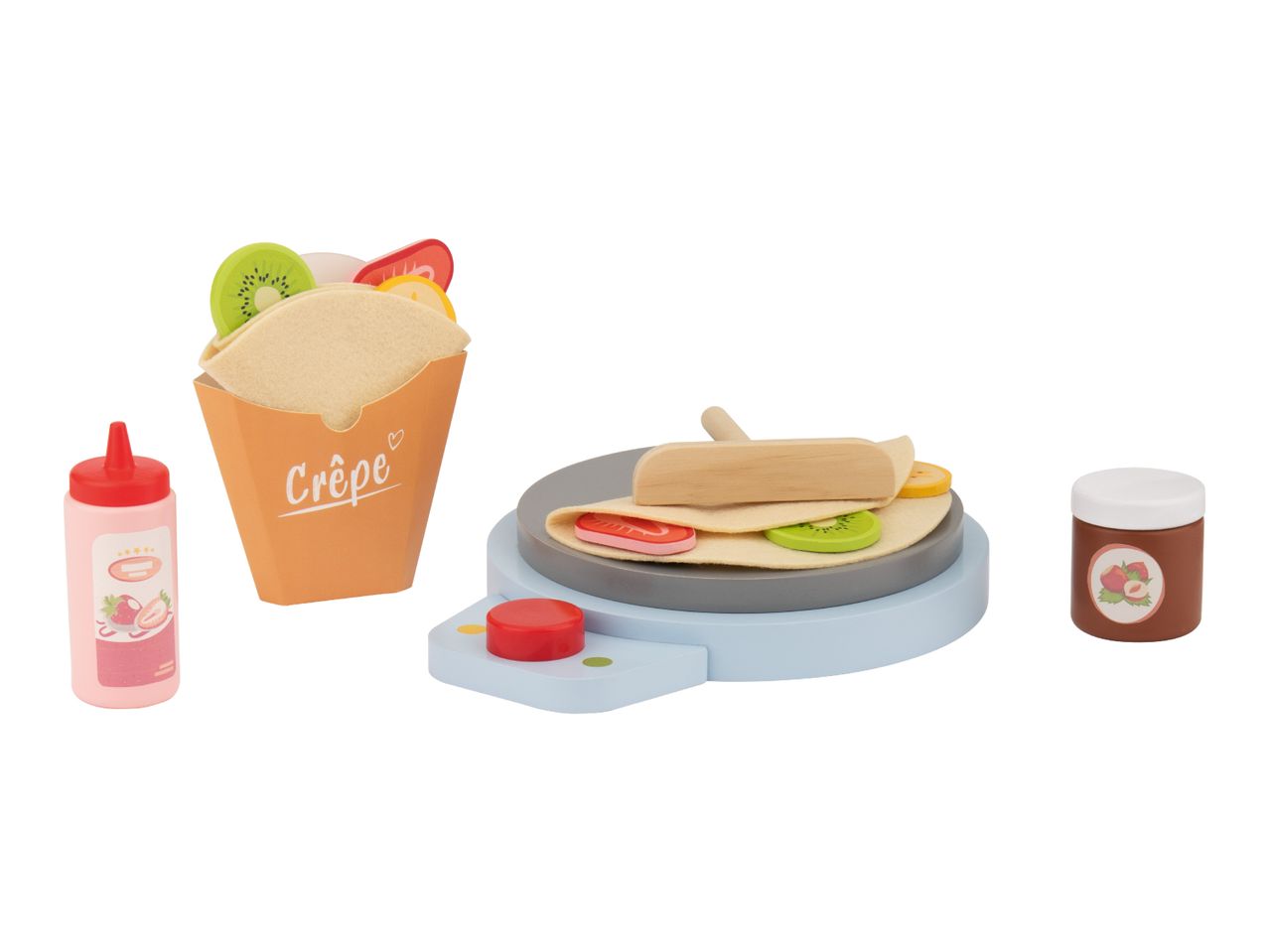Toy crepe maker set with a crepe in a box, a crepe on the maker, and two bottles of toppings.