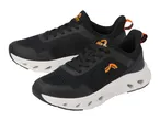 Pair of black and white athletic shoes with orange accents