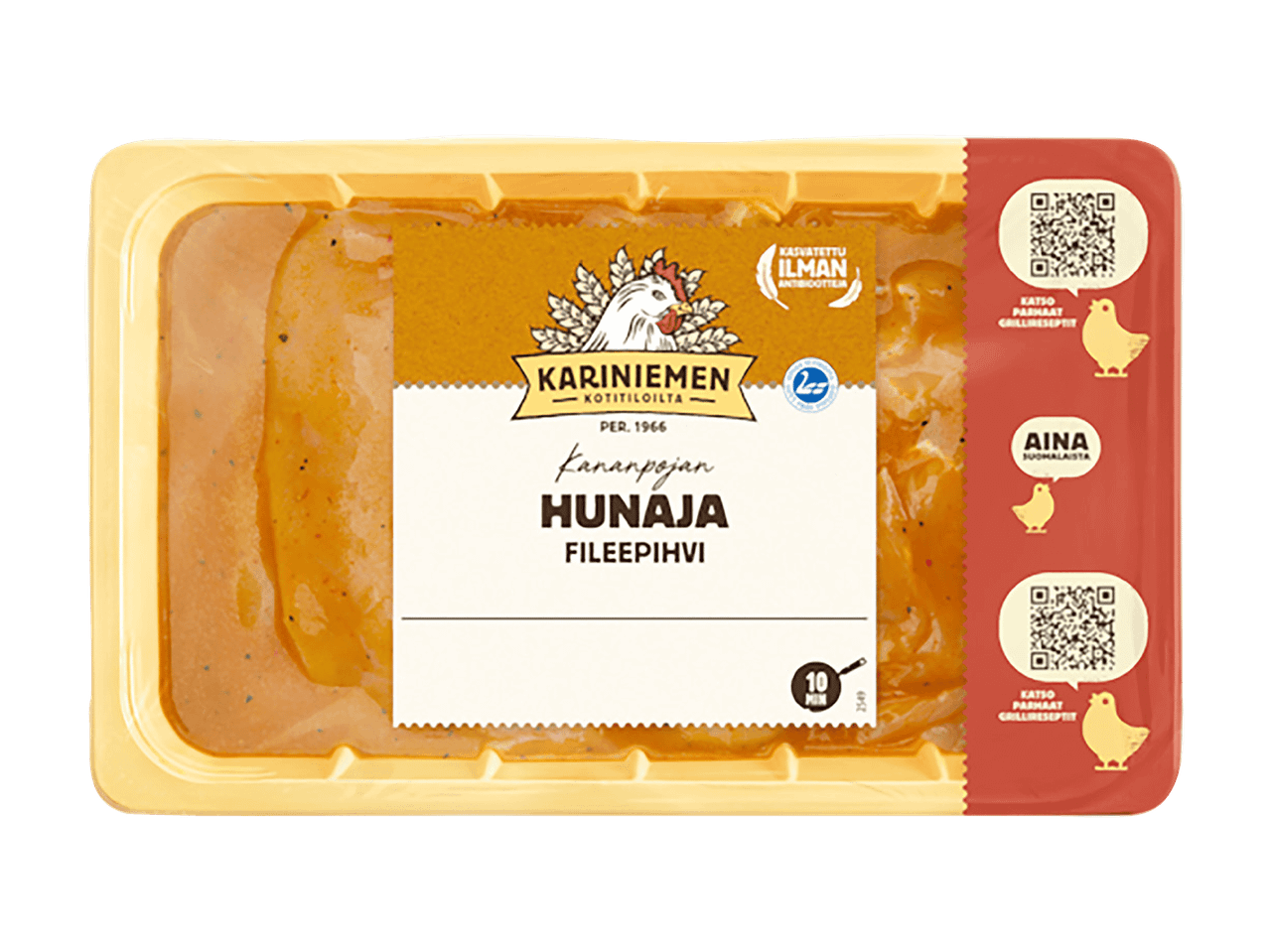 Hunajamarinoitu kananpojan fileepihvi pakkauksessa, jossa on tietoa kasvatuksesta ja resepteistä.