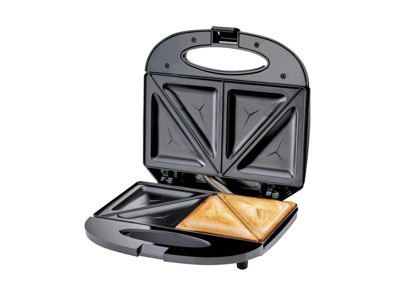 Sort sandwichmaskine med en færdiglavet toast.