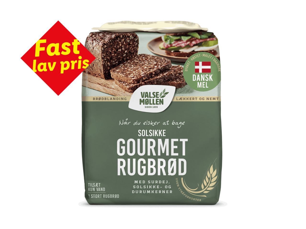 En pose rugbrødsblanding med teksten 'Fast lav pris' og et billede af brød.