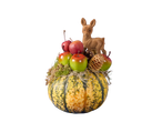 Herfstdecoratie met een kleine pompoen, kunstappels, dennenappels en een hertje.