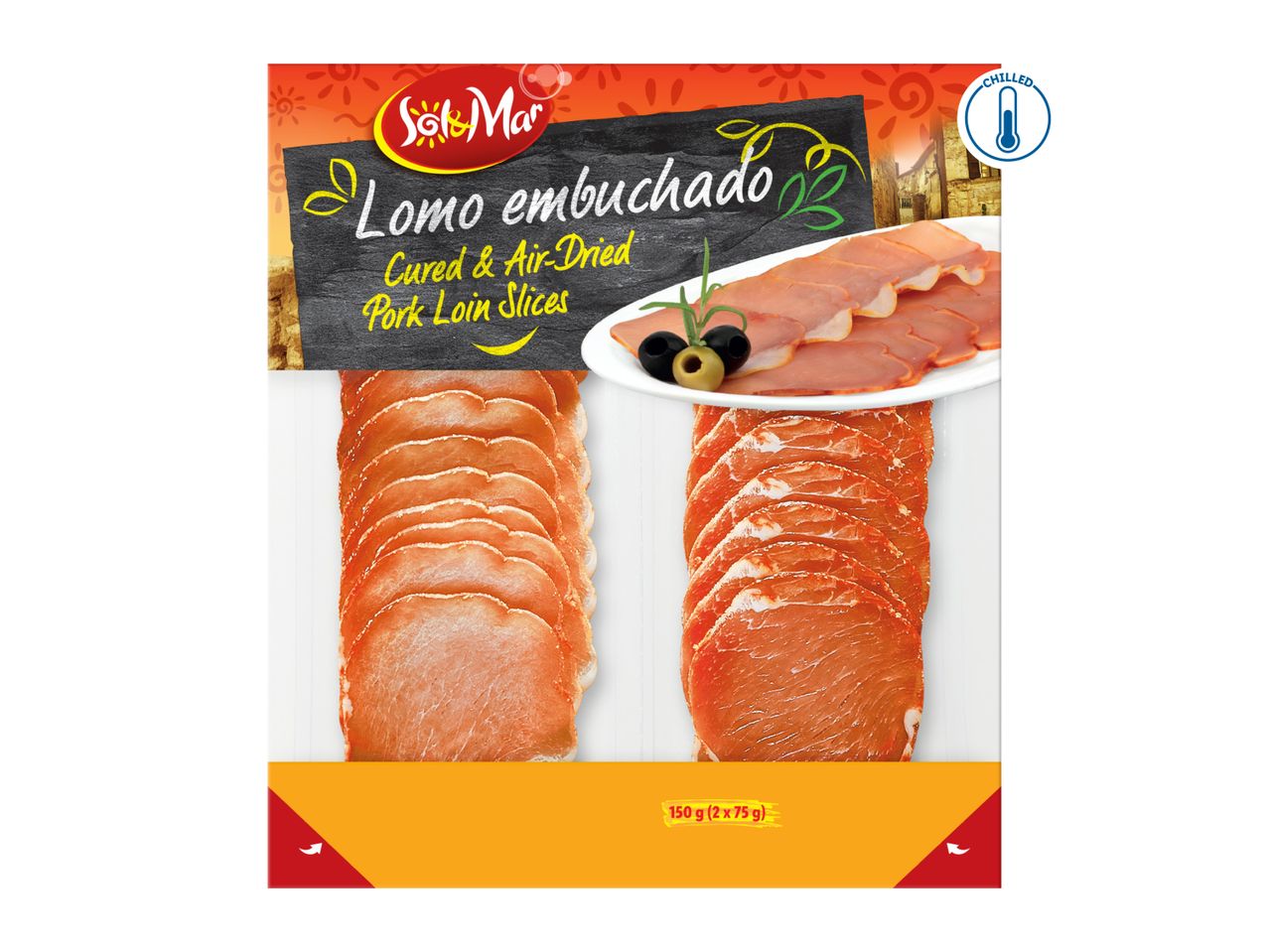 Sol & Mar Lomo embuchado (cured & air-dried pork loin slices) packaging.