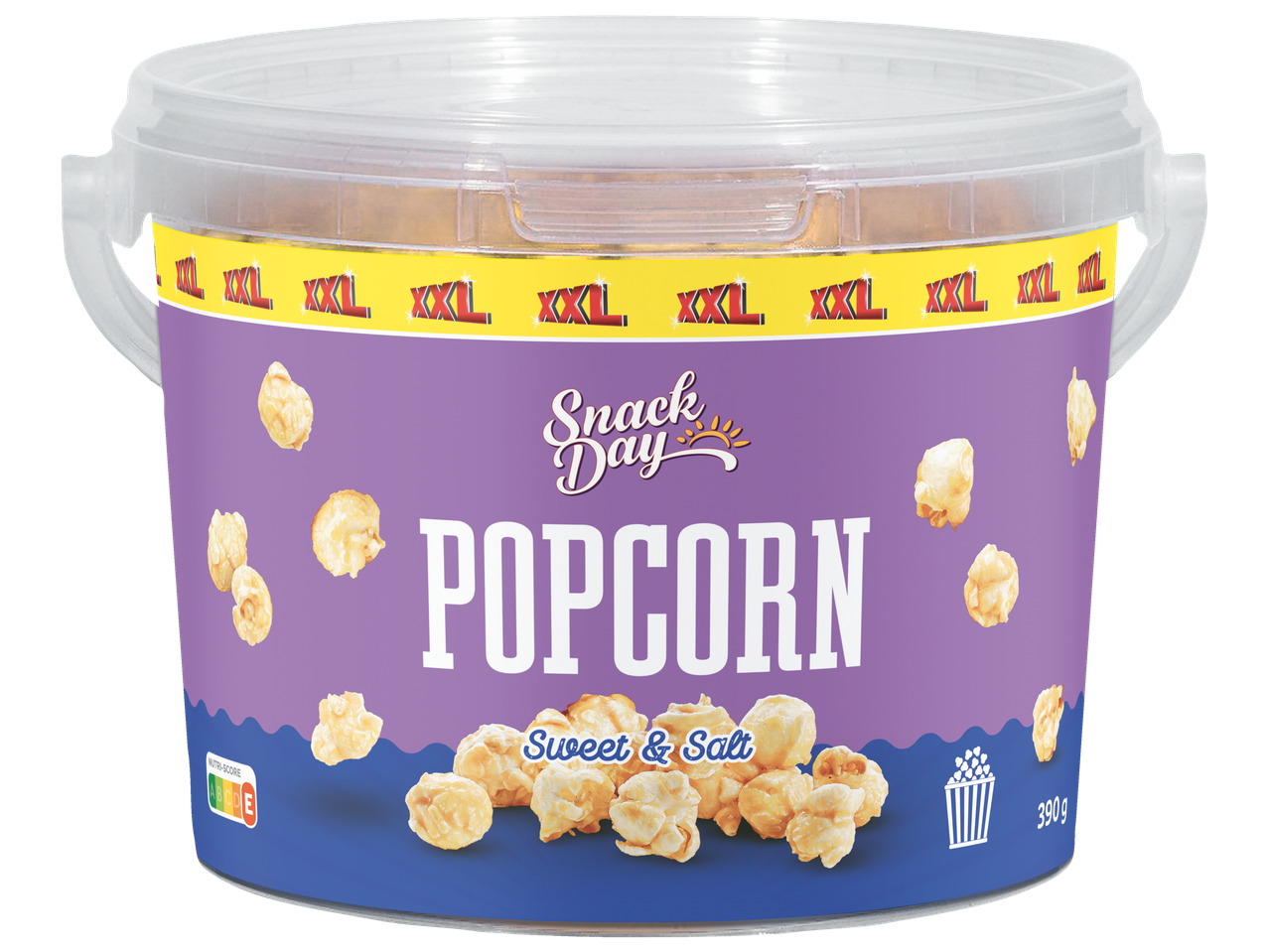 Een grote emmer Snack Day Popcorn, zoet en zout, met Nutri-Score.
