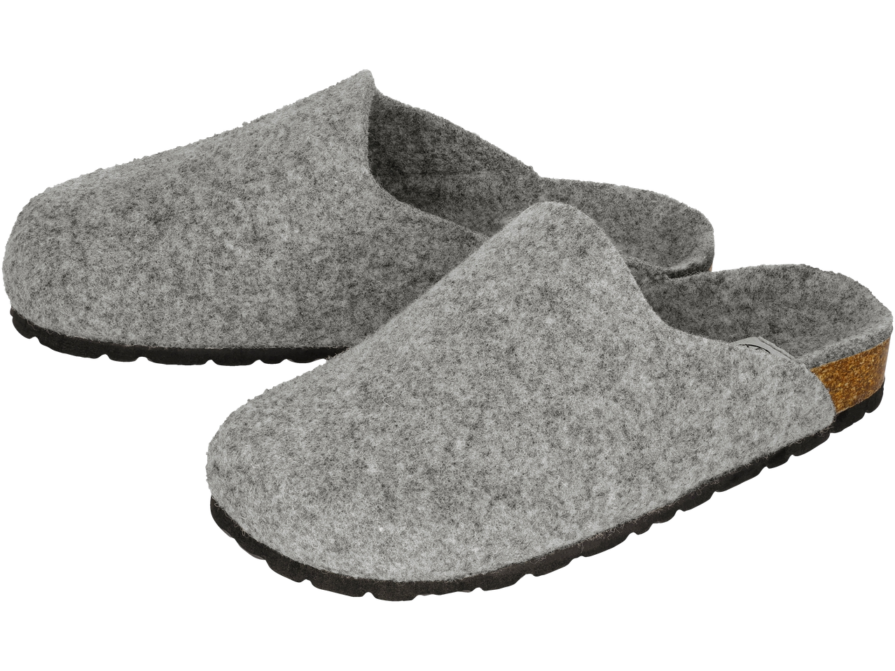 Pora pilkų veltinio šlepečių su kamštienos detalėmis.