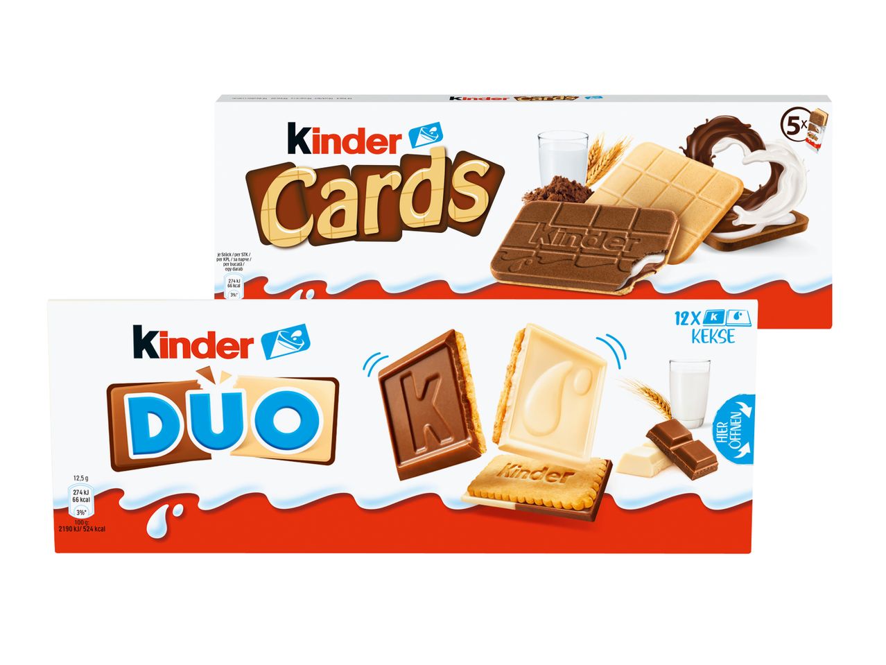 Zwei Packungen Kinder-Schokolade: Kinder Cards und Kinder Duo.