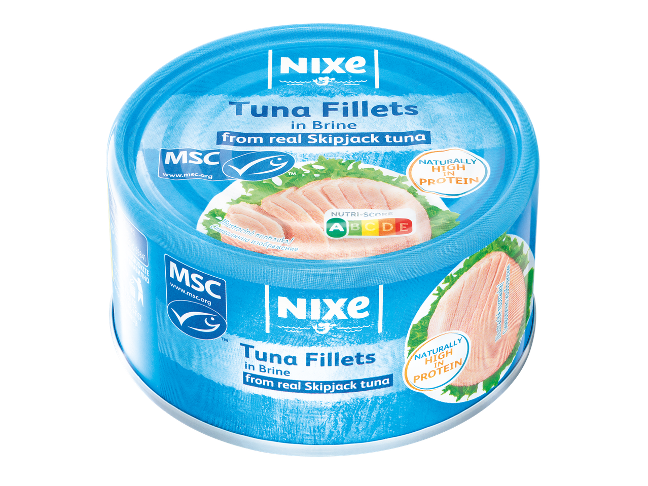 Две опаковки филета от риба тон в саламура, с етикет MSC и Nutri-Score.