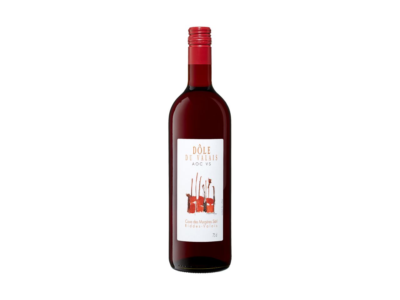 Eine Flasche Dôle du Valais Rotwein mit weißem Etikett und rotem Verschluss.
