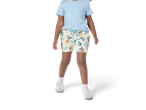Child wearing light blue t-shirt and cream Bluey & Bingo jersey shorts with white sneakers.