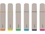 Sei evidenziatori Crelando in colori assortiti, con corpi beige e accenti colorati.