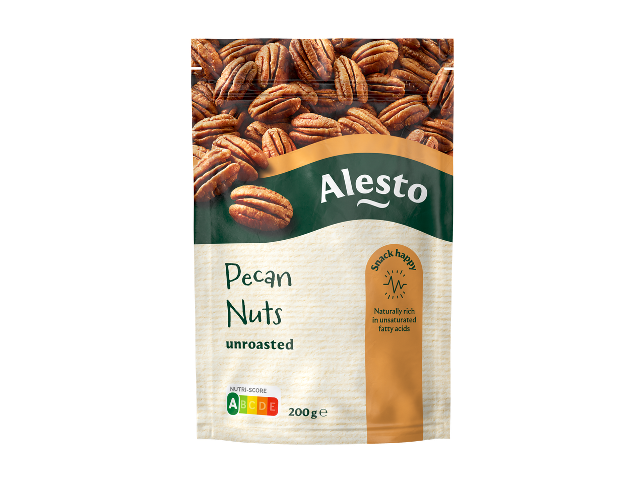Alesto Pecannoten, ongeroosterd, 200g, met Nutri-Score A en rijk aan onverzadigde vetzuren.