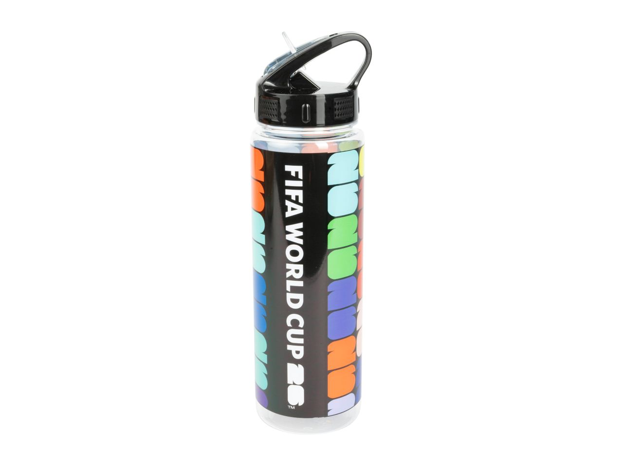 A clear water bottle with a black lid and a colorful pattern, featuring 'FIFA WORLD CUP' text.