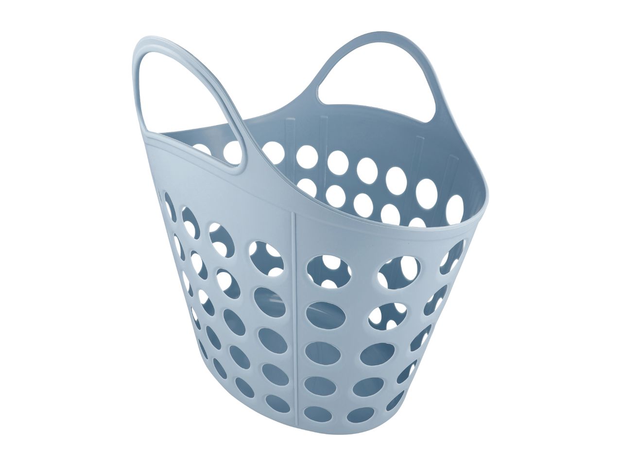 Light blue plastic laundry basket with handles and perforated design