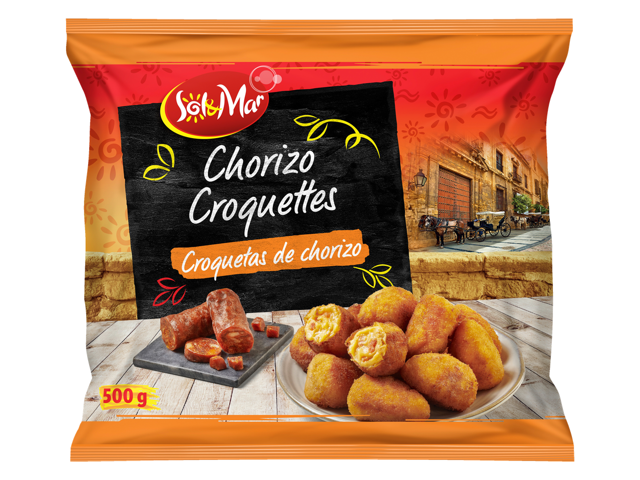 Croquetes de Chorizo Sol&Mar: Pacote de 500g de croquetes congeladas espanholas.