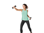 Woman working out with Crivit dumbbells and sportswear.