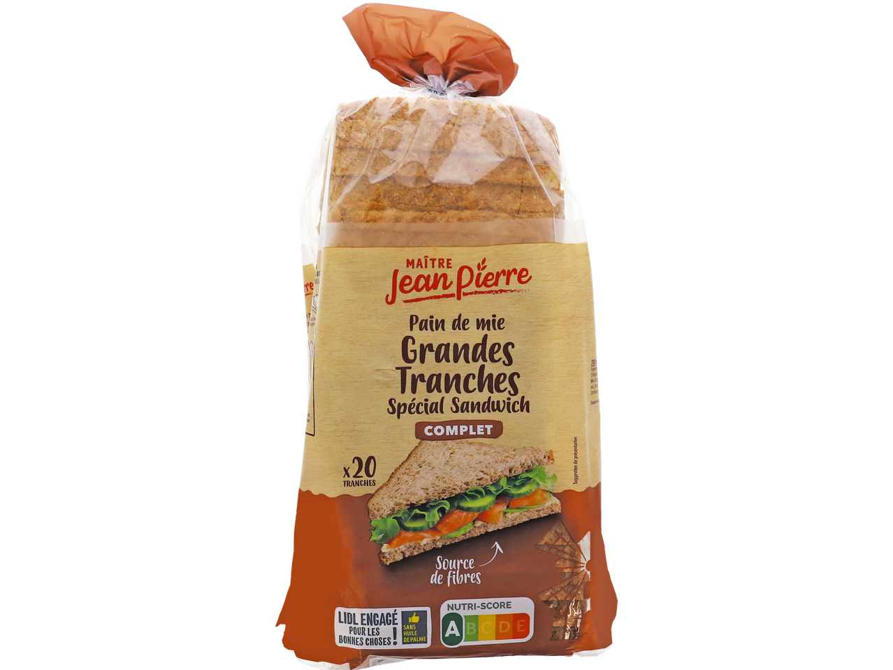 Pain Maître Jean Pierre : 20 tranches de pain complet, idéal pour sandwich.