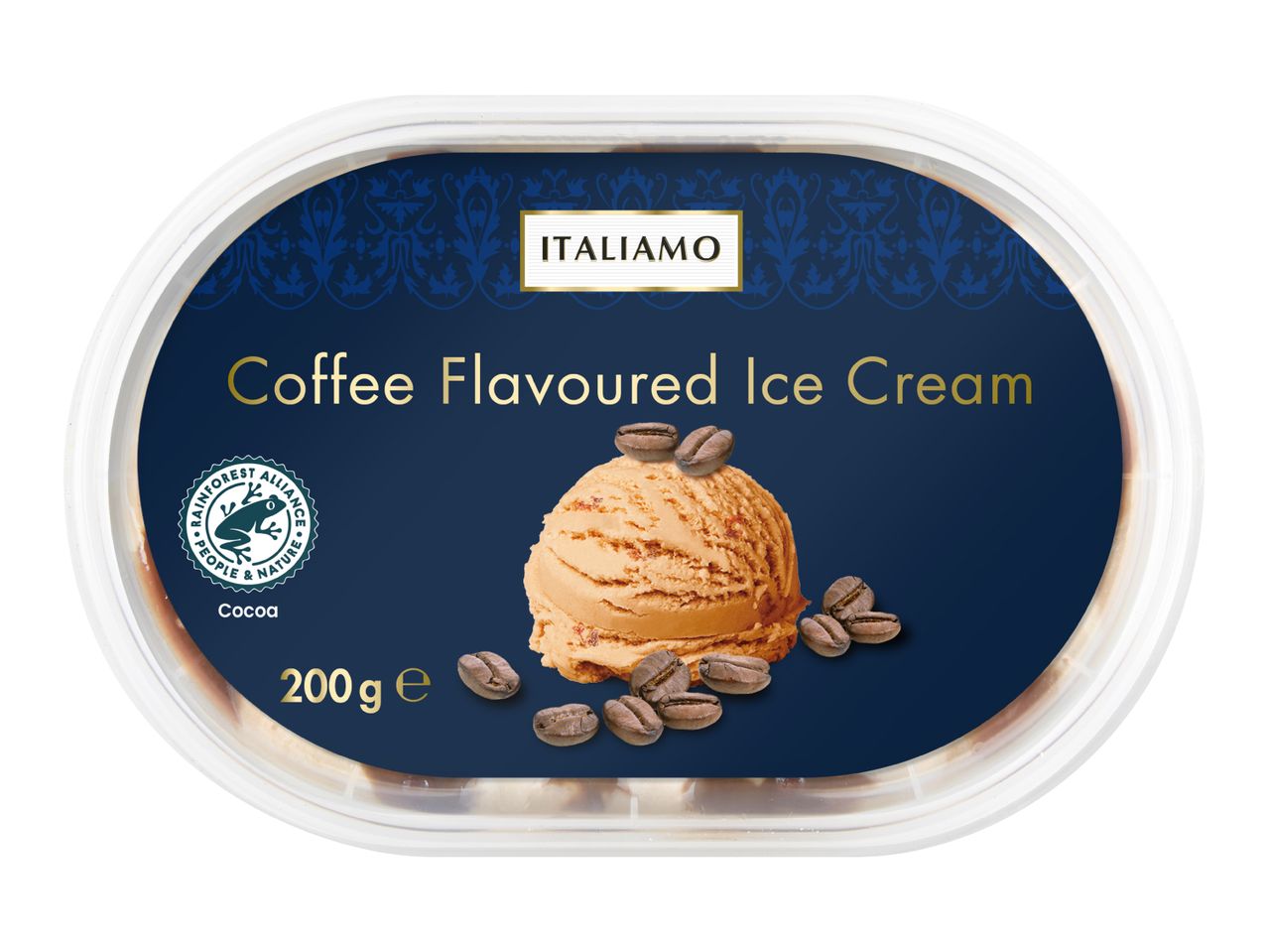 Coffee-flavored ice cream in a clear tub with a dark blue label, featuring a scoop of ice cream and coffee beans.