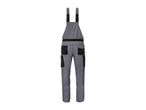 Grey work dungarees with black elastic waistband and black utility pockets