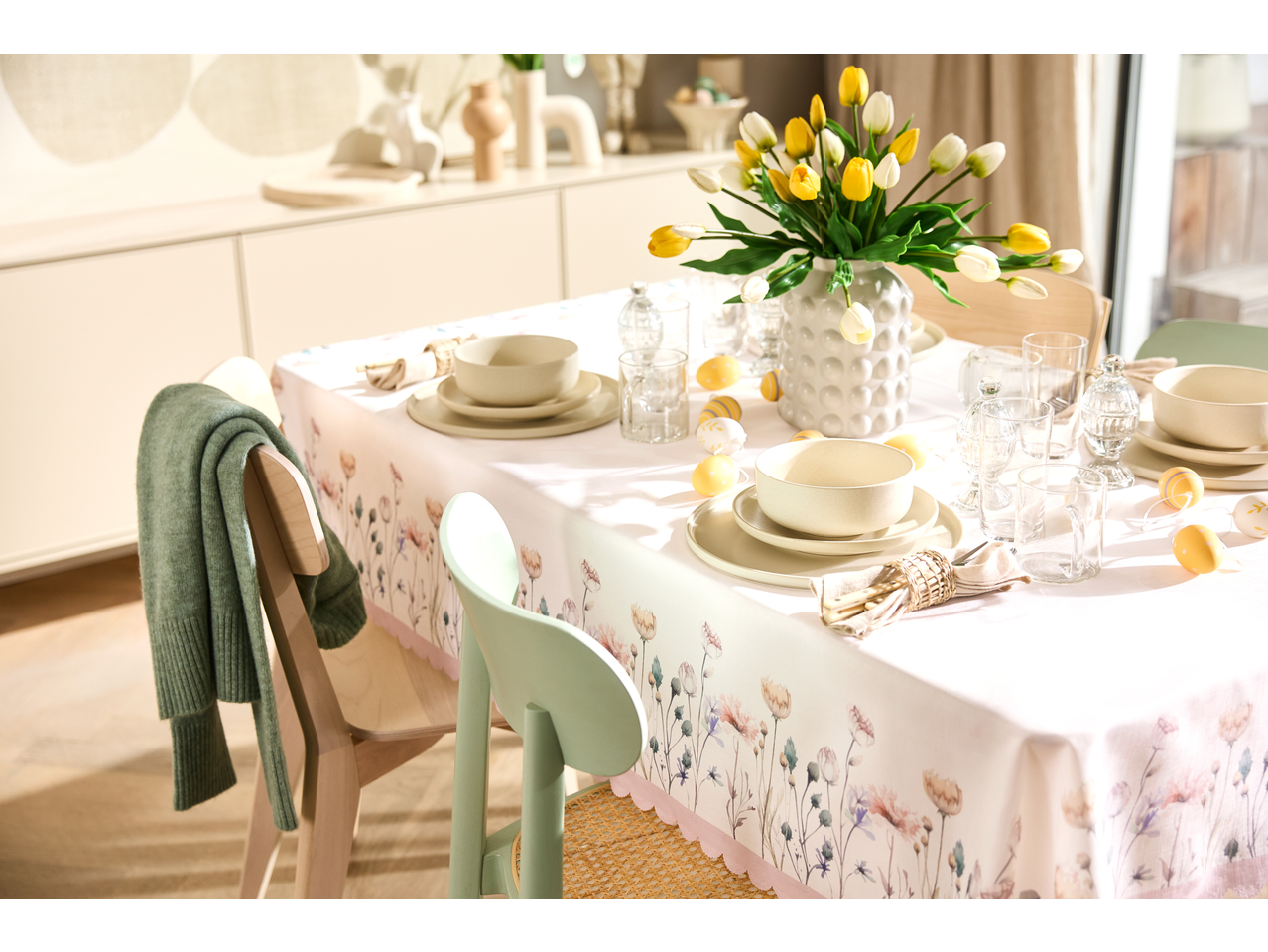 Livarno Decorative Easter Eggs and a spring table setting with tulips and dinnerware.