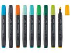 A row of colorful Crelando Sketchmarkers with various shades of blue, green, yellow, and orange.