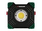 A black and green work light with a bright yellow LED in the center, featuring the Parkside logo.