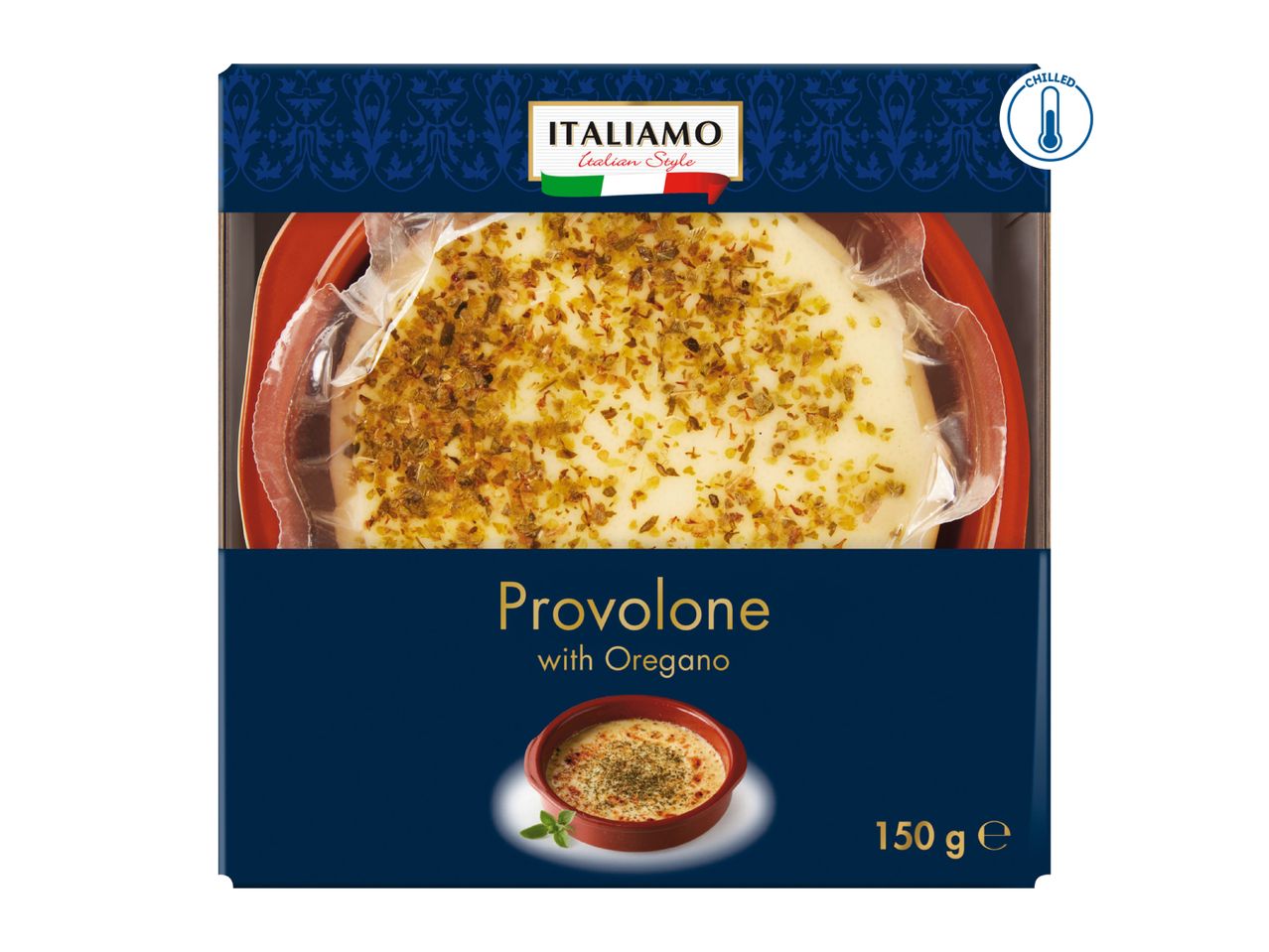 Chilled provolone cheese with oregano in a red dish, Italian style.