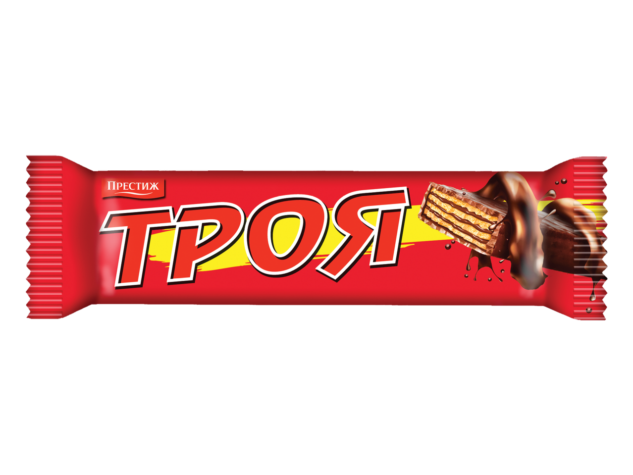 Червен опакован вафлен десерт с шоколадова глазура и надпис „ТРОЯ“.