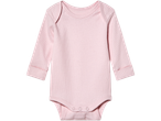 Rosa babybody med långa ärmar.
