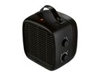Black portable electric fan heater with two control knobs and a carrying handle.