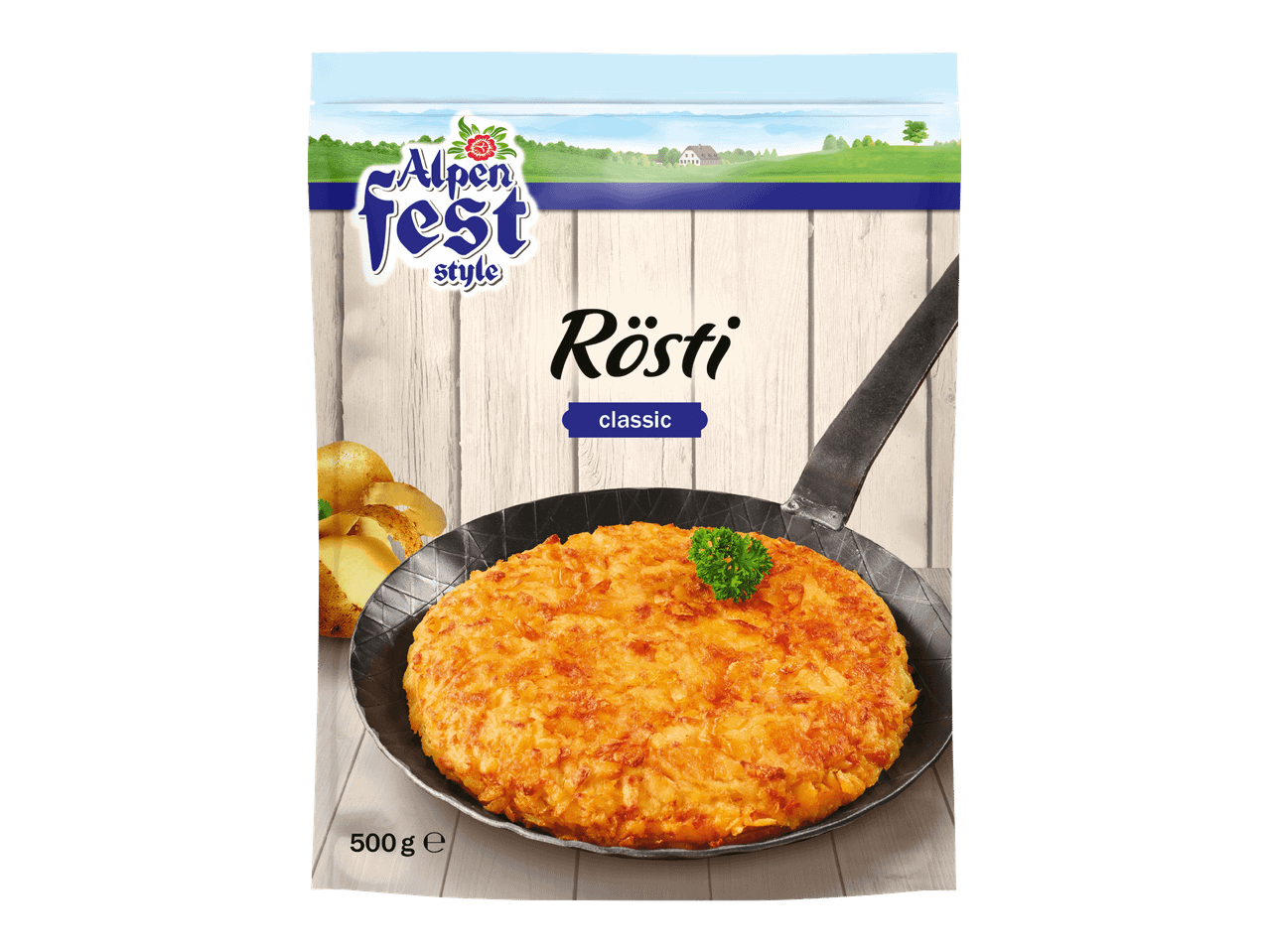 Rösti-perunapaistos pannulla, perunoita ja alppimaisema pakkauksen etiketissä.